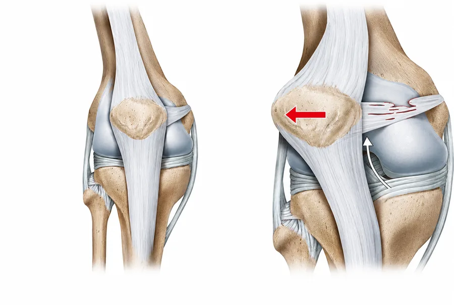 Normalan položaj patele (levo) i lateralna luksacija patele sa povredom MPFL ligamenta (desno)
